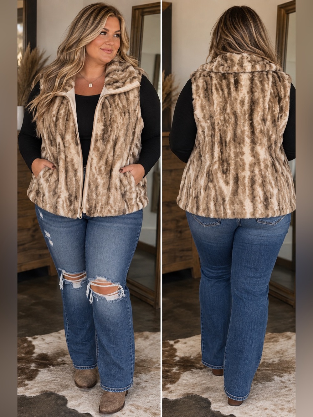 Catherine Malandrino Taupe and Cream Faux Fur Zip Vest